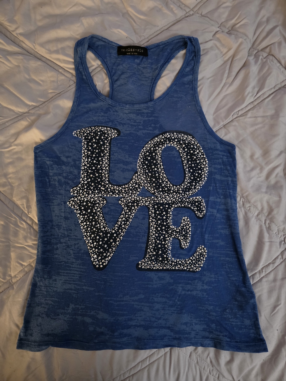 Burnout Blue Racerback Tank Top with 'LOVE' Rhinestone Design